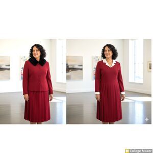 Vintage Due Per Due Red Size 14 Dress & Jacket Suit Set Faux Fur Collar NOS